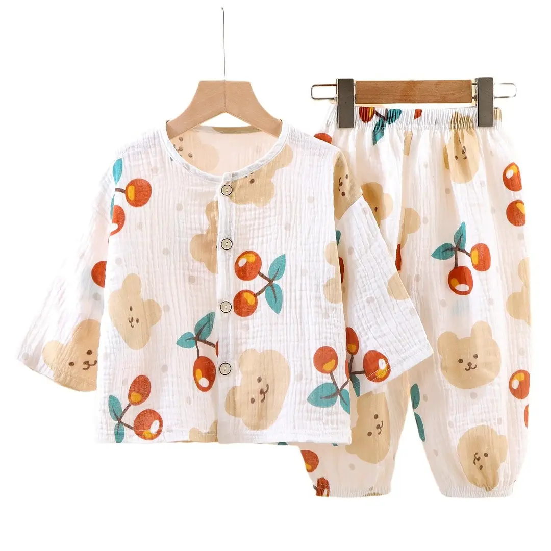 Children's Thin Double-Layer Pure Cotton Gauze Pajamas Summer Girls' Home Clothes Long-Sleeved Bloomers suit for Boys and Babies