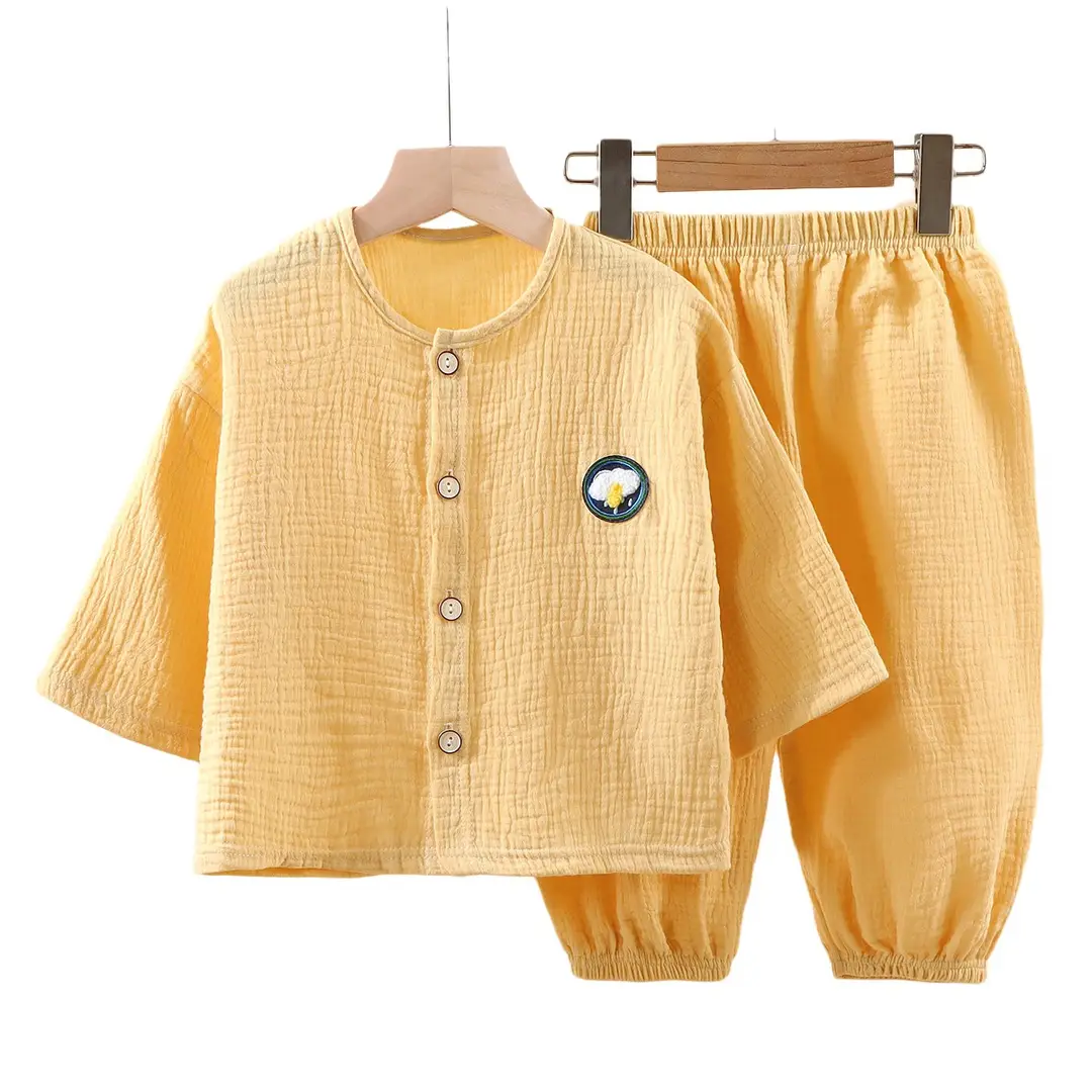 Children's Thin Double-Layer Pure Cotton Gauze Pajamas Summer Girls' Home Clothes Long-Sleeved Bloomers suit for Boys and Babies