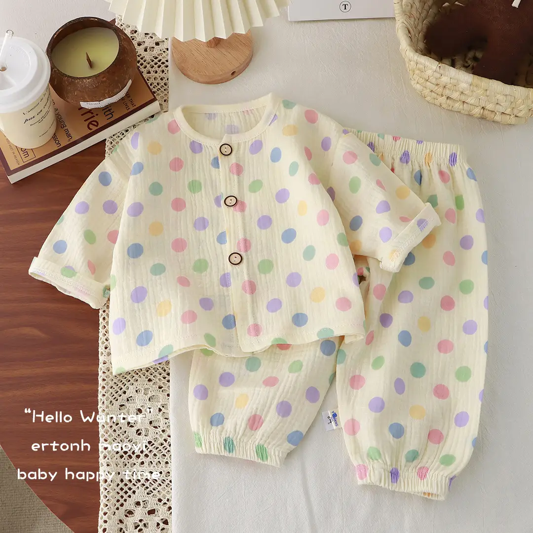Children's Thin Double-Layer Pure Cotton Gauze Pajamas Summer Girls' Home Clothes Long-Sleeved Bloomers suit for Boys and Babies