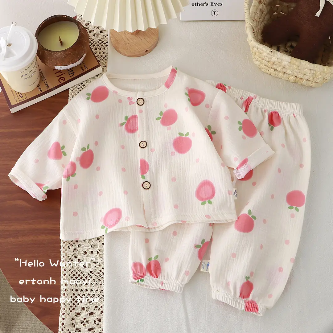 Children's Thin Double-Layer Pure Cotton Gauze Pajamas Summer Girls' Home Clothes Long-Sleeved Bloomers suit for Boys and Babies