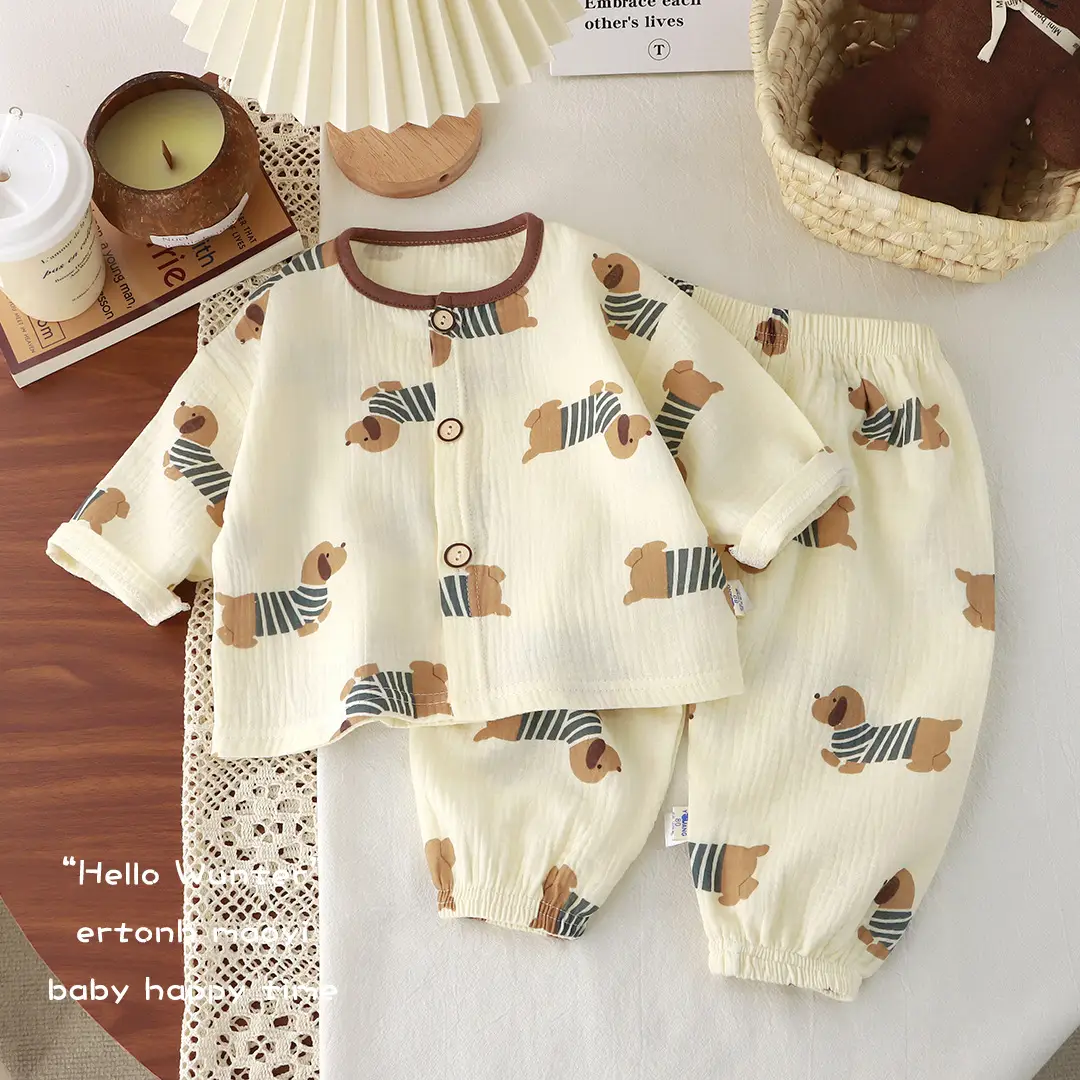 Children's Thin Double-Layer Pure Cotton Gauze Pajamas Summer Girls' Home Clothes Long-Sleeved Bloomers suit for Boys and Babies