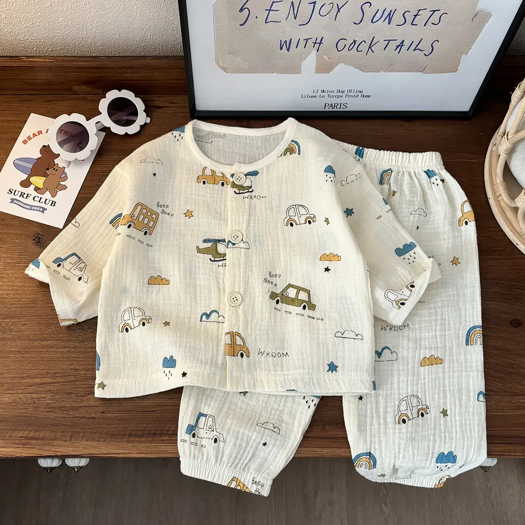 Children's Thin Double-Layer Pure Cotton Gauze Pajamas Summer Girls' Home Clothes Long-Sleeved Bloomers suit for Boys and Babies