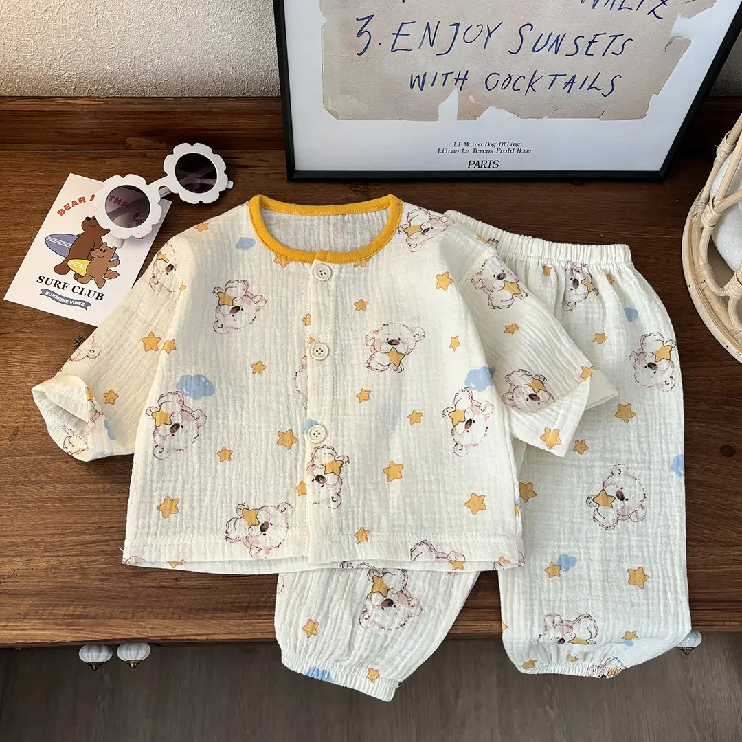 Children's Thin Double-Layer Pure Cotton Gauze Pajamas Summer Girls' Home Clothes Long-Sleeved Bloomers suit for Boys and Babies