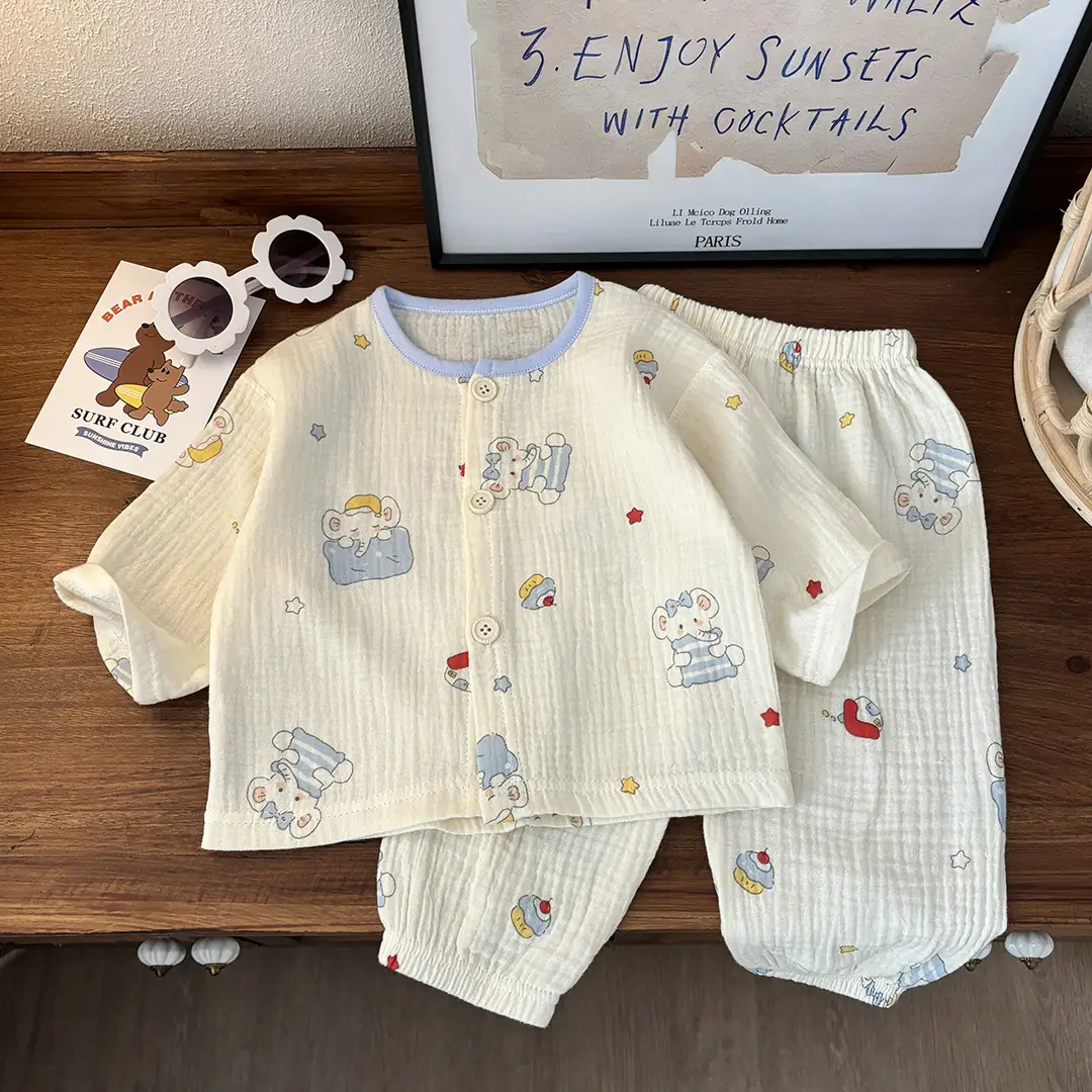 Children's Thin Double-Layer Pure Cotton Gauze Pajamas Summer Girls' Home Clothes Long-Sleeved Bloomers suit for Boys and Babies
