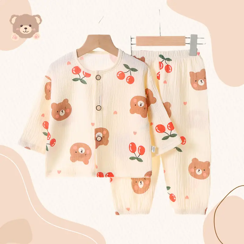 Children's Thin Double-Layer Pure Cotton Gauze Pajamas Summer Girls' Home Clothes Long-Sleeved Bloomers suit for Boys and Babies