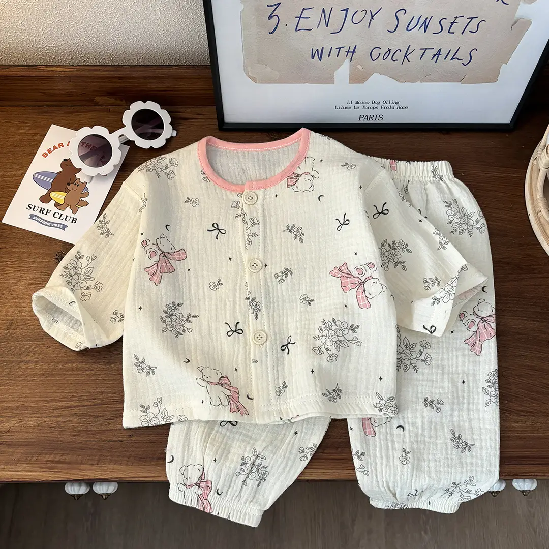 Children's Thin Double-Layer Pure Cotton Gauze Pajamas Summer Girls' Home Clothes Long-Sleeved Bloomers suit for Boys and Babies