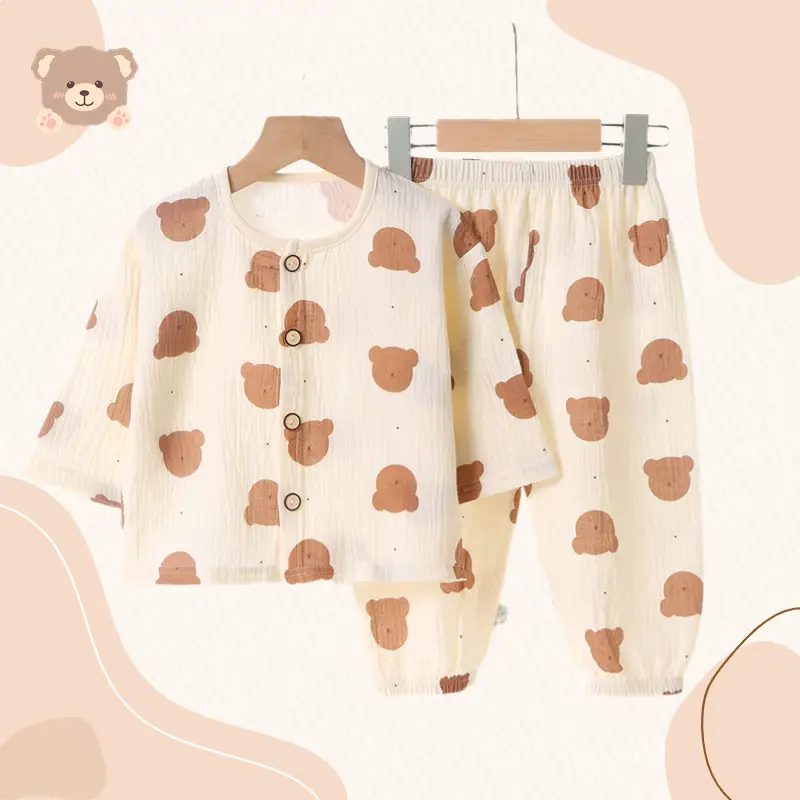 Children's Thin Double-Layer Pure Cotton Gauze Pajamas Summer Girls' Home Clothes Long-Sleeved Bloomers suit for Boys and Babies