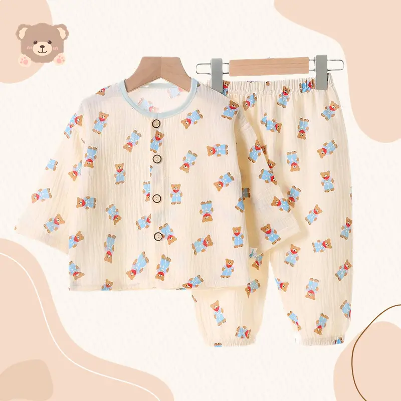 Children's Thin Double-Layer Pure Cotton Gauze Pajamas Summer Girls' Home Clothes Long-Sleeved Bloomers suit for Boys and Babies