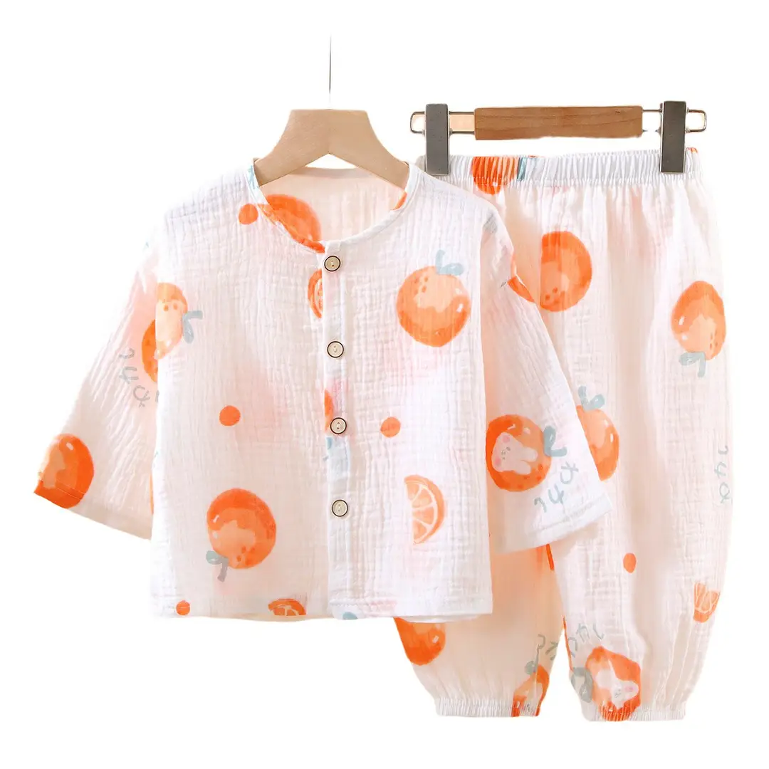 Children's Thin Double-Layer Pure Cotton Gauze Pajamas Summer Girls' Home Clothes Long-Sleeved Bloomers suit for Boys and Babies