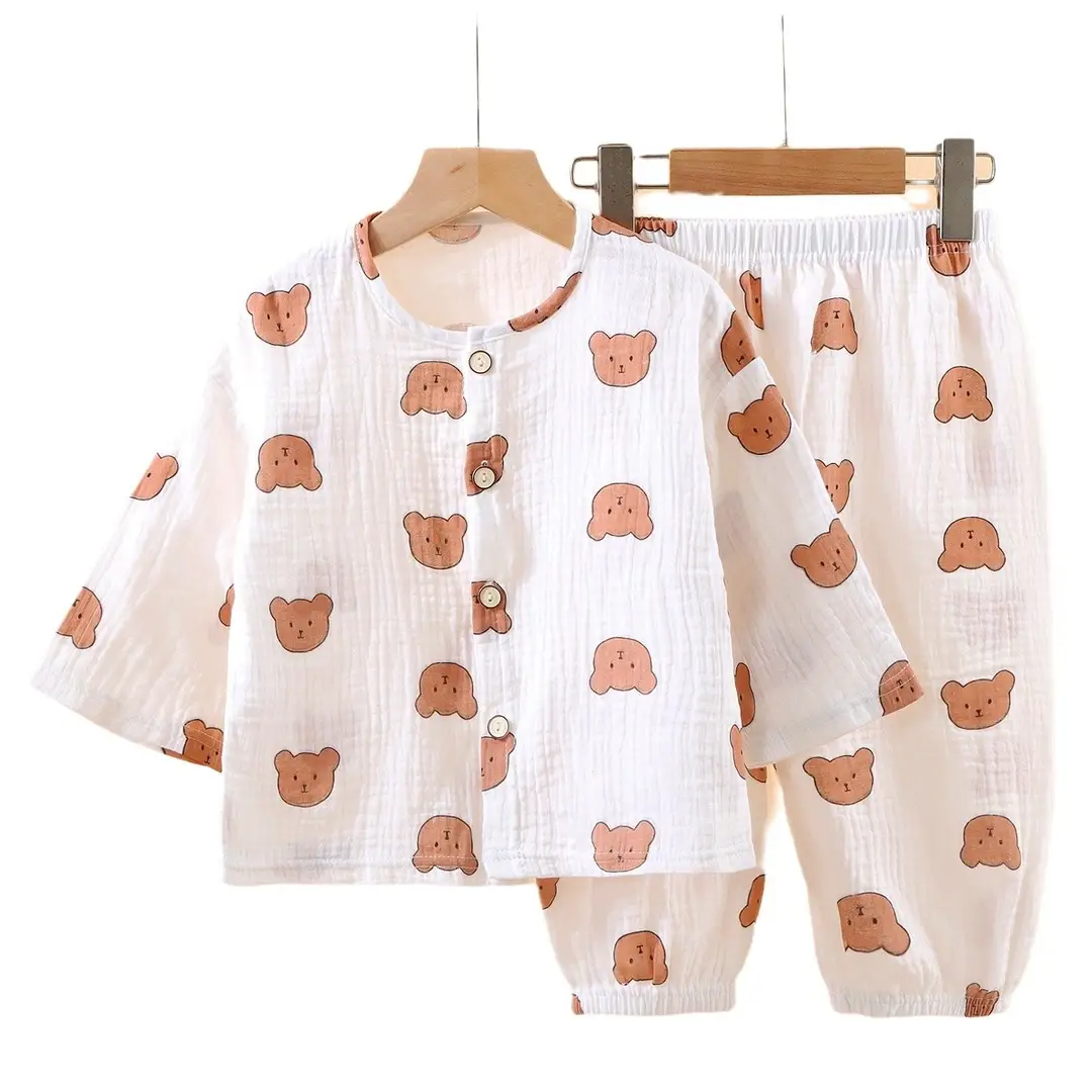 Children's Thin Double-Layer Pure Cotton Gauze Pajamas Summer Girls' Home Clothes Long-Sleeved Bloomers suit for Boys and Babies