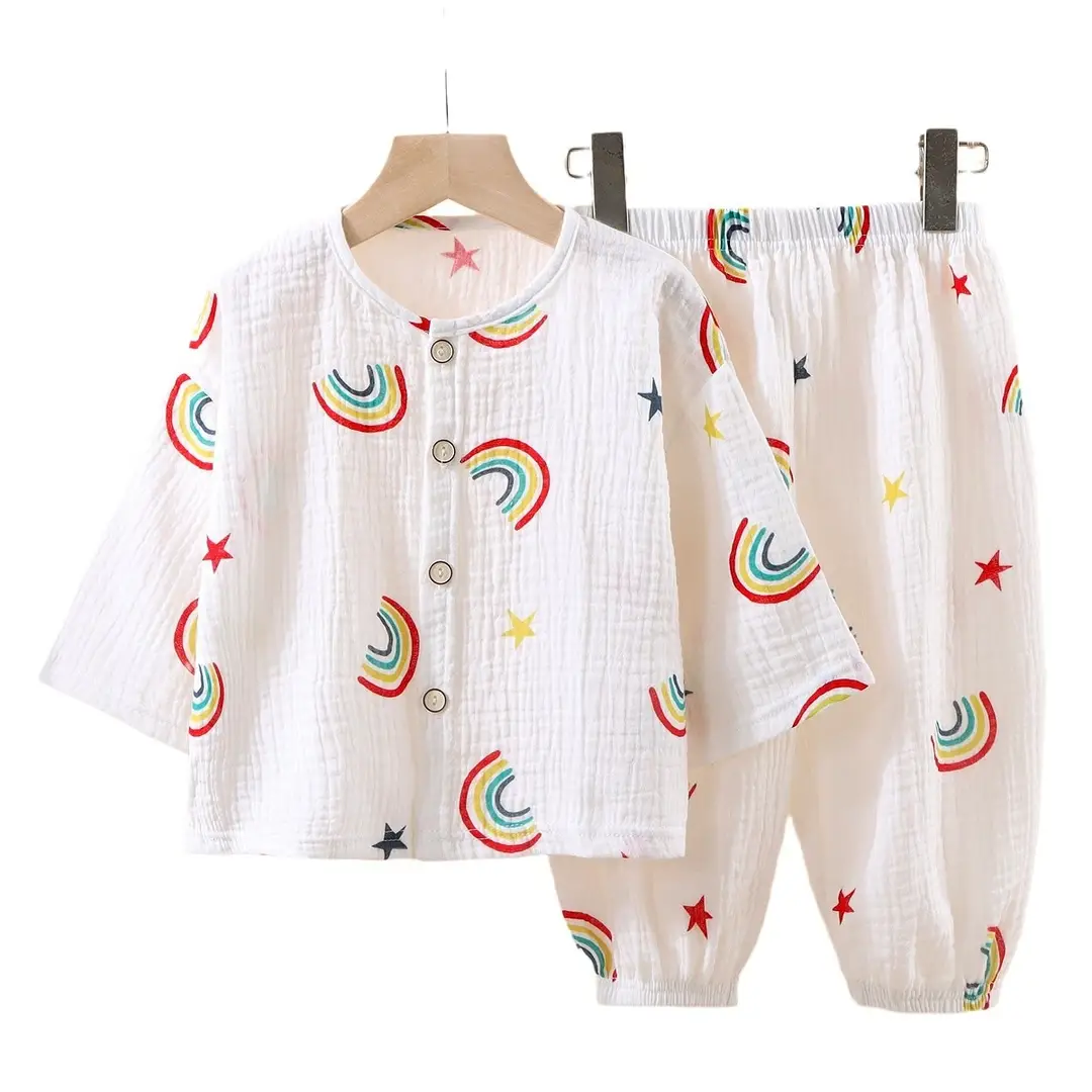 Children's Thin Double-Layer Pure Cotton Gauze Pajamas Summer Girls' Home Clothes Long-Sleeved Bloomers suit for Boys and Babies