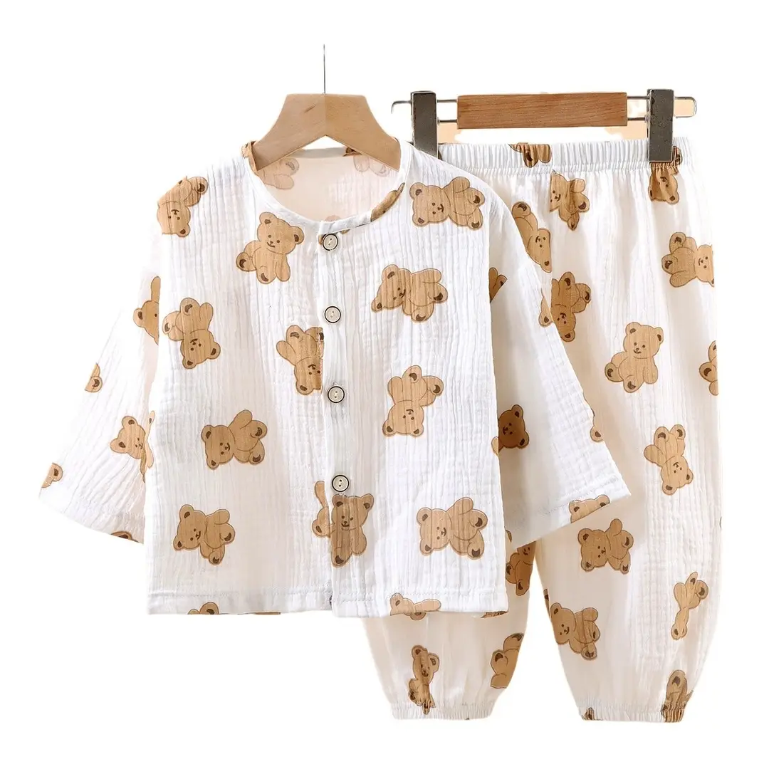 Children's Thin Double-Layer Pure Cotton Gauze Pajamas Summer Girls' Home Clothes Long-Sleeved Bloomers suit for Boys and Babies