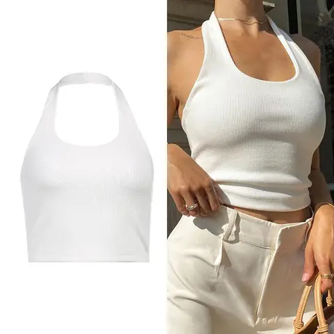Women's White Knitted U-Neck Camisole with Backless Design - Image 3