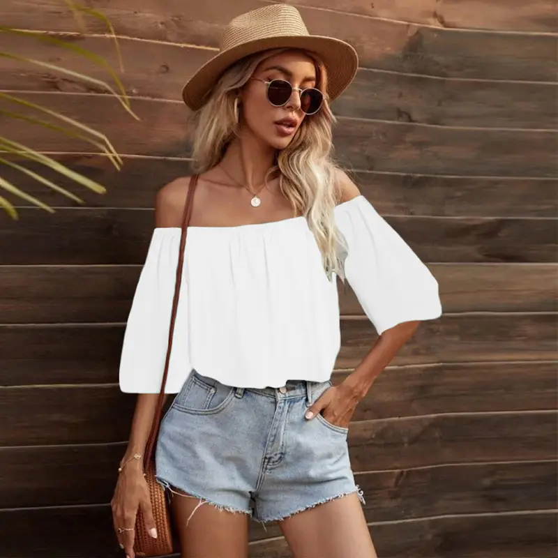 Women's Pink Off-Shoulder Collar T-Shirt Top - Image 11