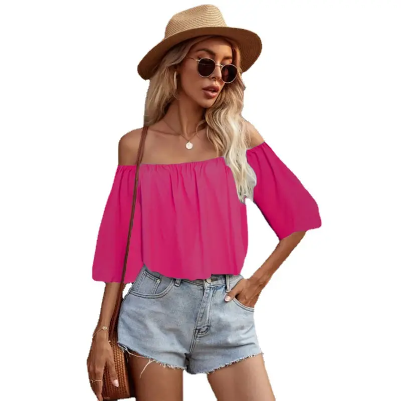 Women's Pink Off-Shoulder Collar T-Shirt Top - Image 12