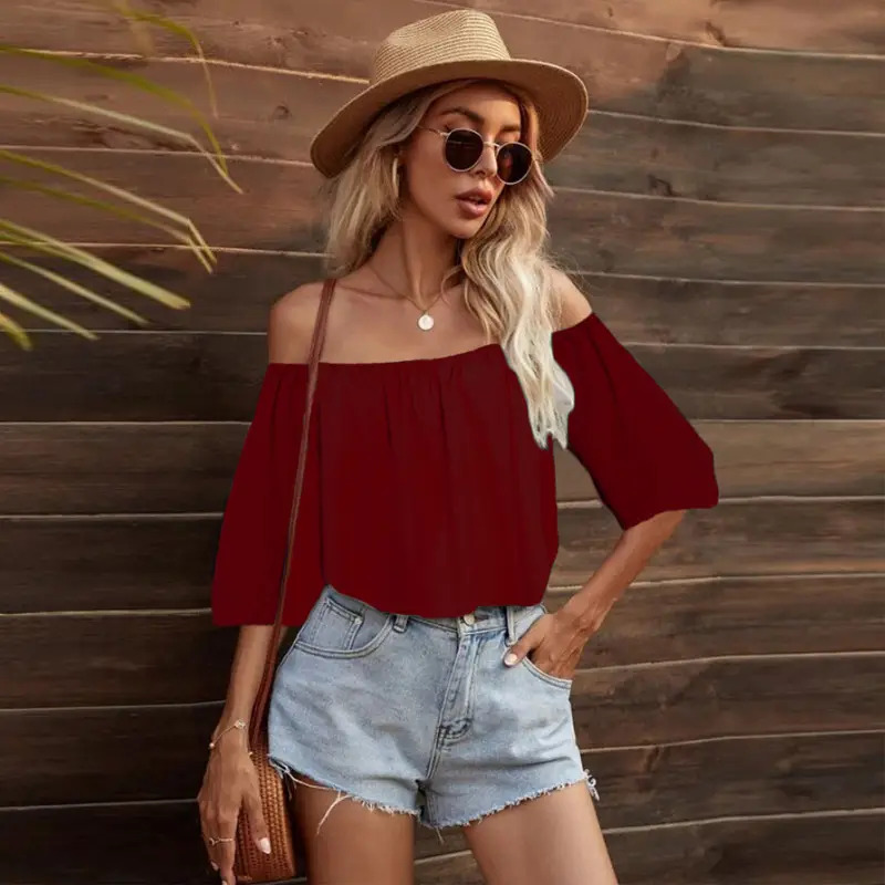 Women's Pink Off-Shoulder Collar T-Shirt Top - Image 4