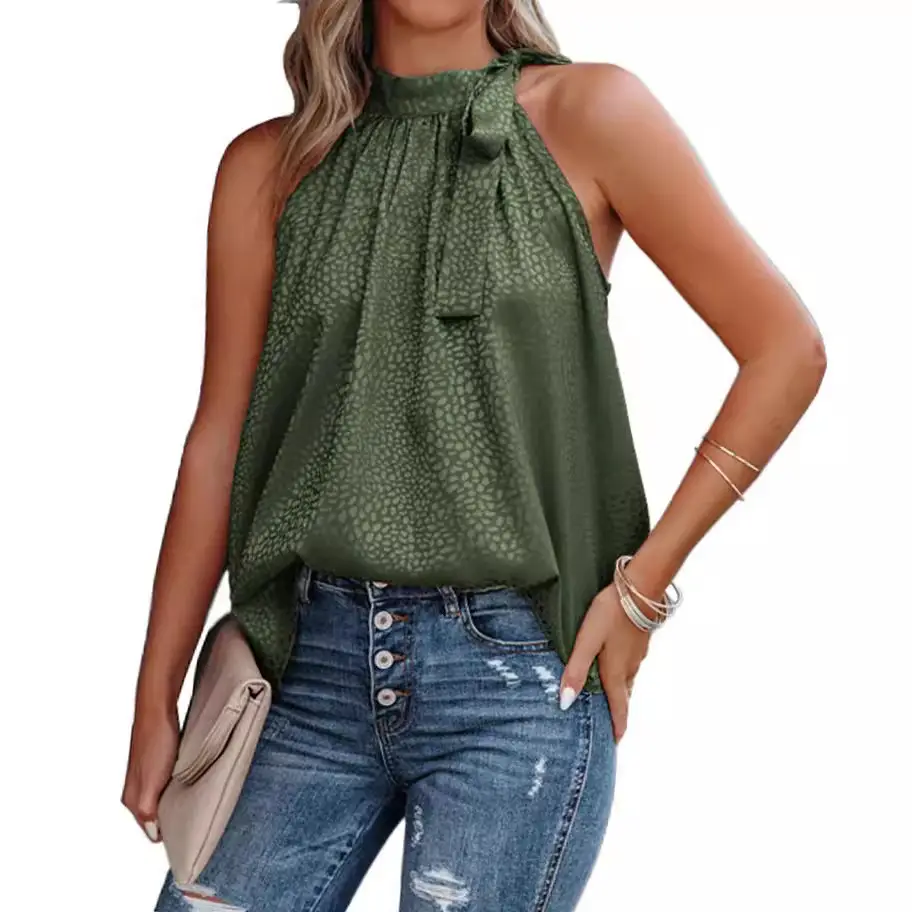 Women's Sleeveless Neck Bow Vest Maroon Leopard Print - Image 17