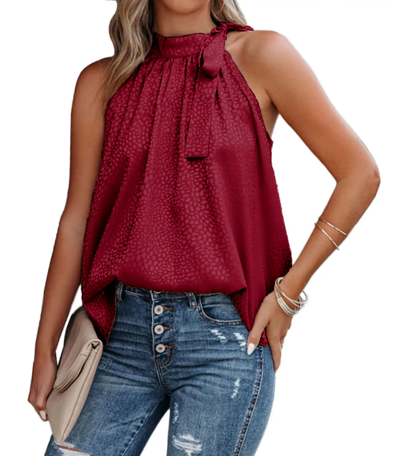 Women's Sleeveless Neck Bow Vest Maroon Leopard Print - Image 12