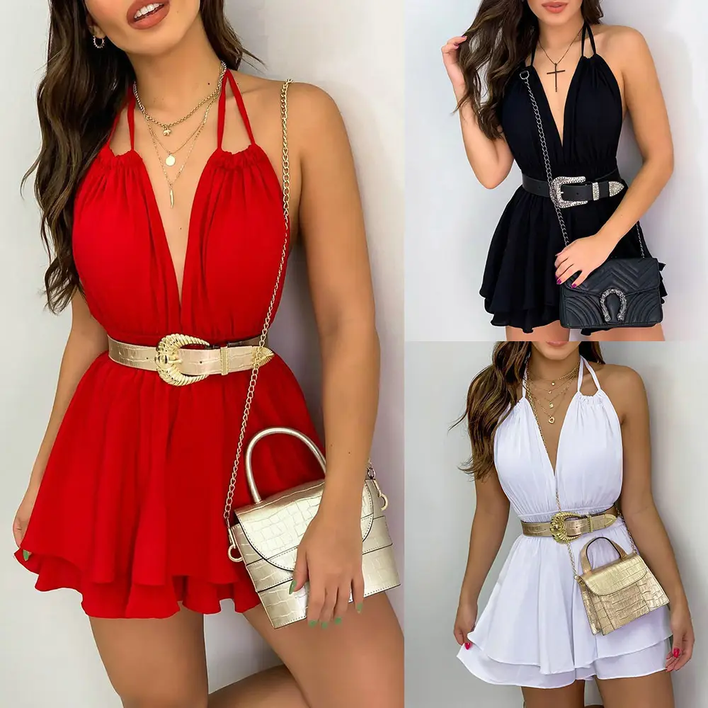 Red Ruffled Chiffon Dress with Belt for Women - Image 4