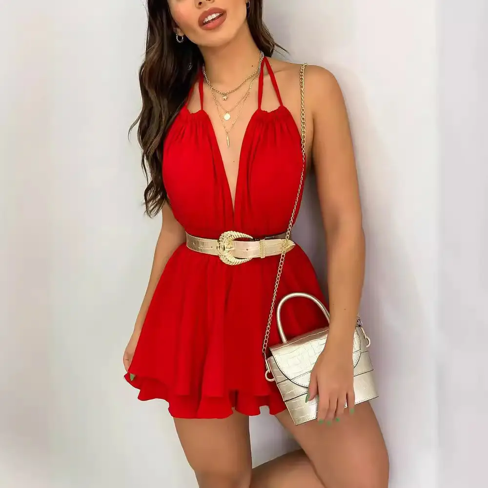 Red Ruffled Chiffon Dress with Belt for Women - Image 6