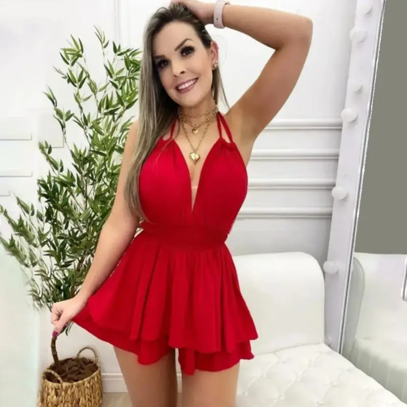 Red Ruffled Chiffon Dress with Belt for Women - Image 2