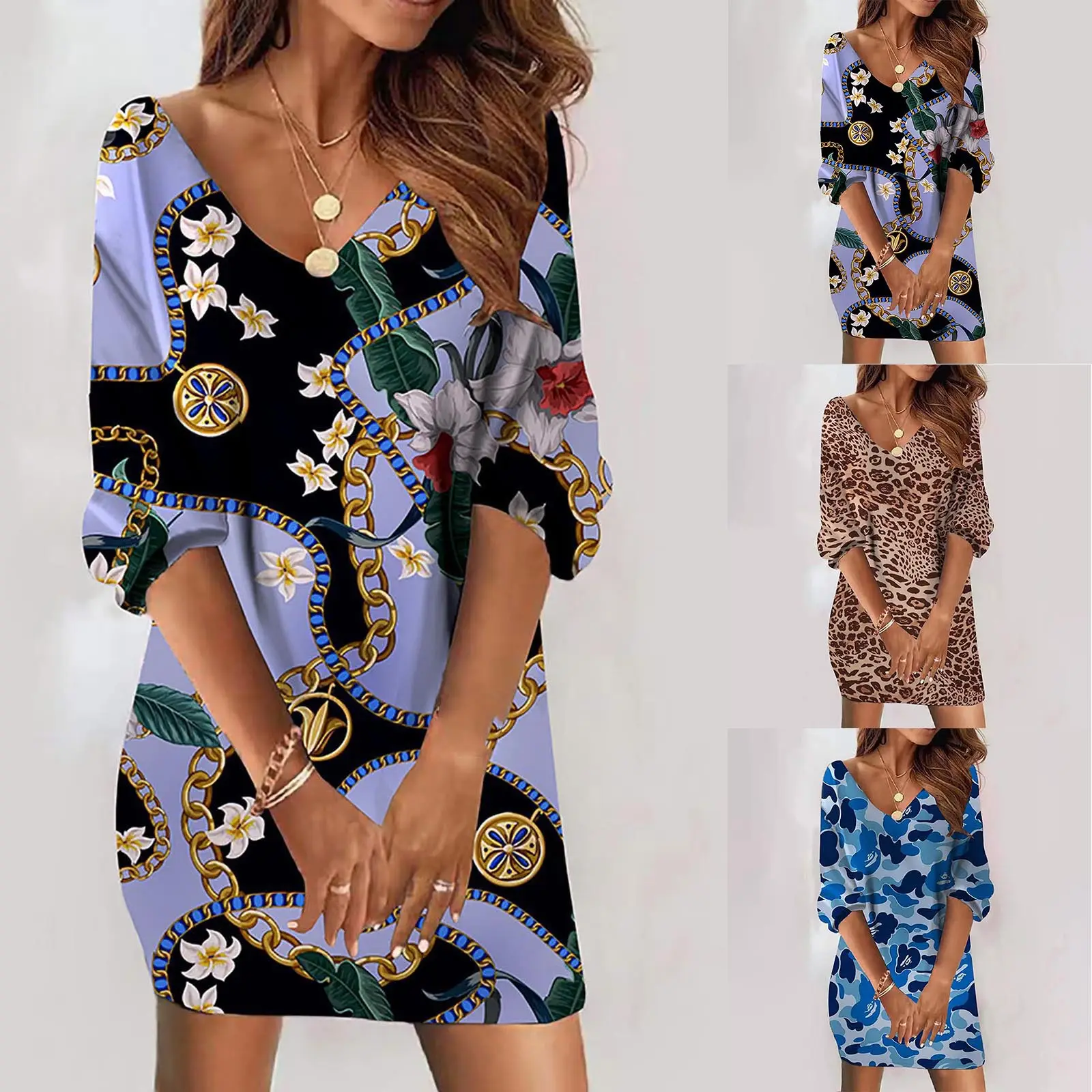 2022 Blue Camo Printed V-Neck Dress for Women - Image 9