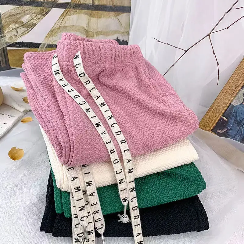 Women Green Drawstring Puff Pants Wide Leg Casual