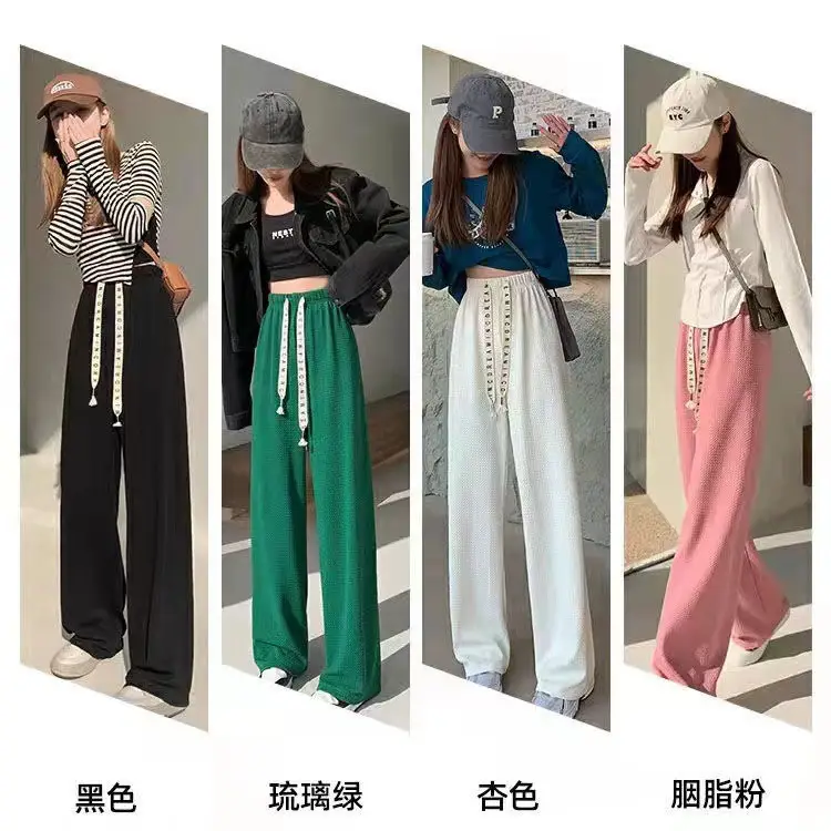 Women Green Drawstring Puff Pants Wide Leg Casual