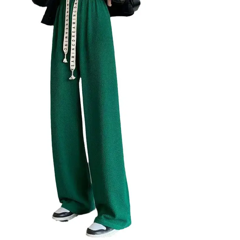 Women Green Drawstring Puff Pants Wide Leg Casual