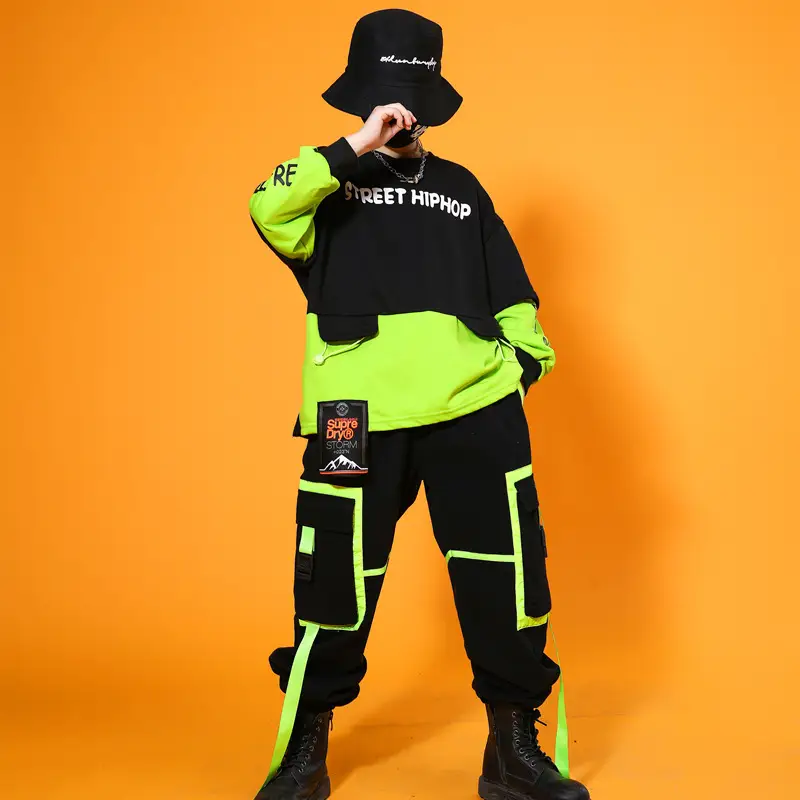 Street Hip Hop Performance Suit Boys Girls Black Neon - Image 8