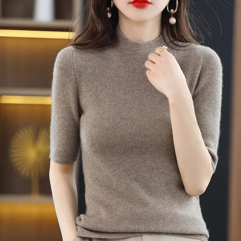 Women's Grey Knitted Mid-Sleeve Pullover Slim Fit