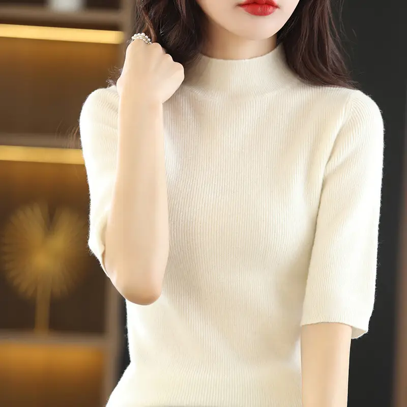 Women's Grey Knitted Mid-Sleeve Pullover Slim Fit