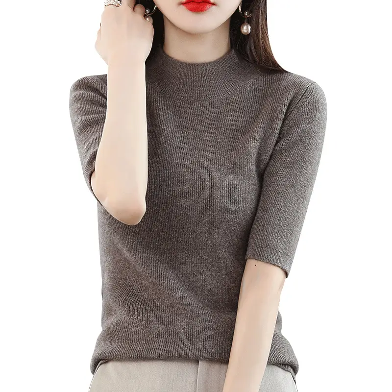 Women's Grey Knitted Mid-Sleeve Pullover Slim Fit