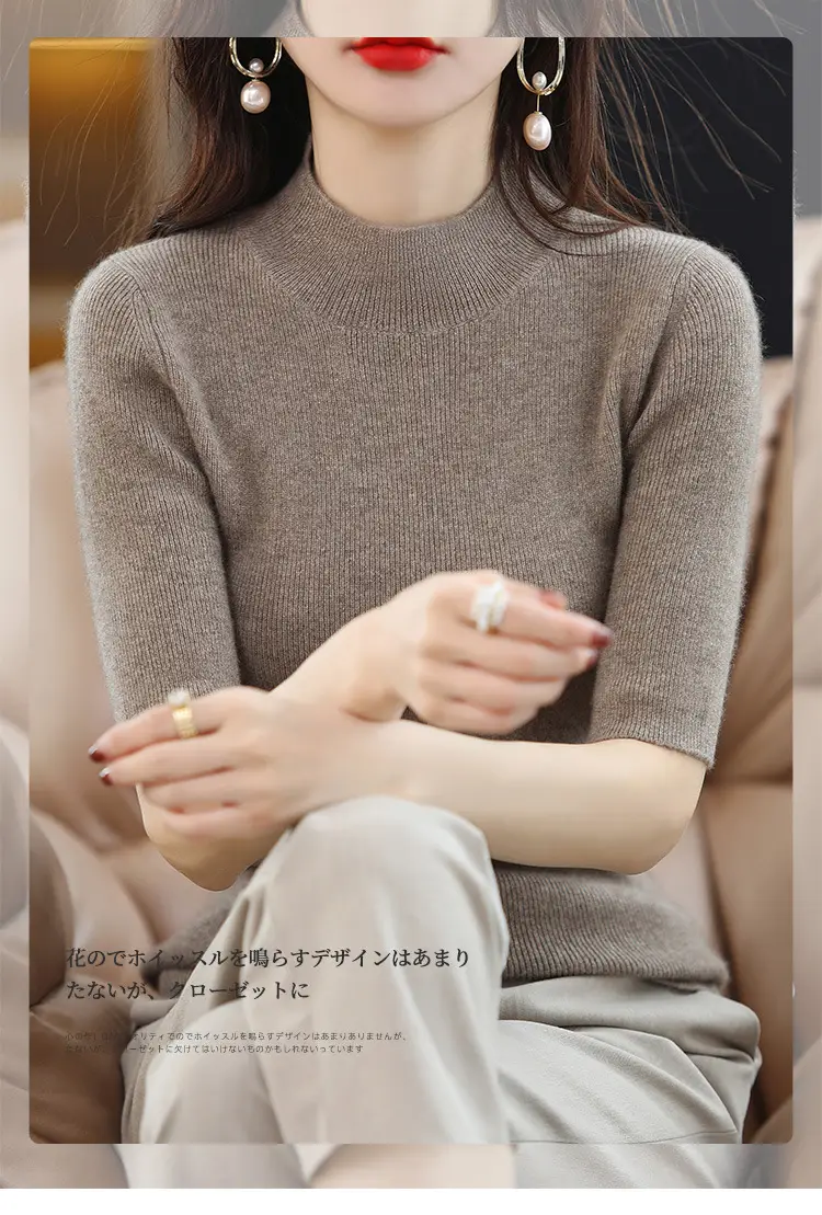 Women's Grey Knitted Mid-Sleeve Pullover Slim Fit — feature 1