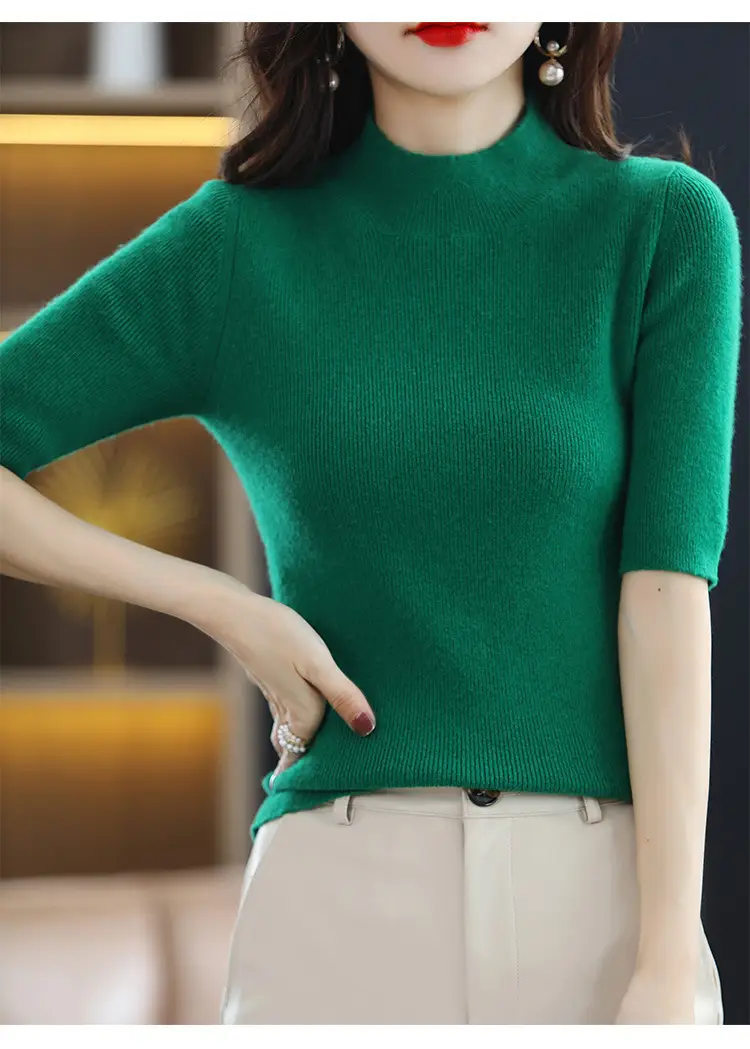 Women's Grey Knitted Mid-Sleeve Pullover Slim Fit — feature 13
