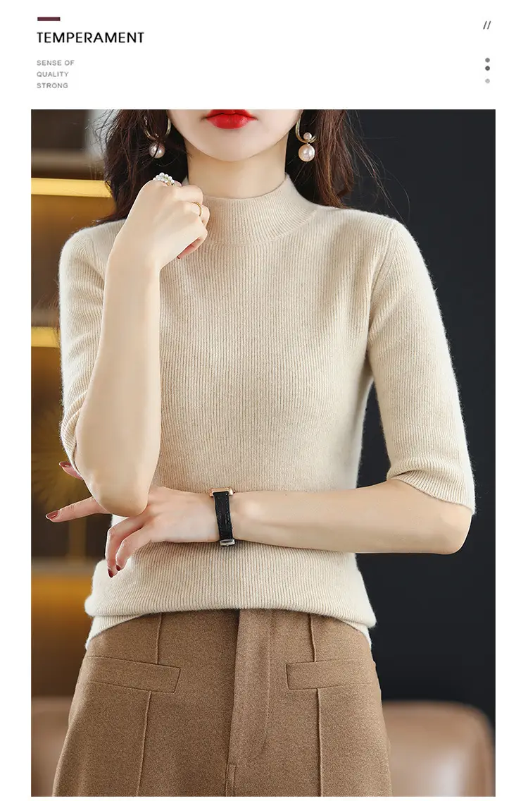 Women's Grey Knitted Mid-Sleeve Pullover Slim Fit — feature 15