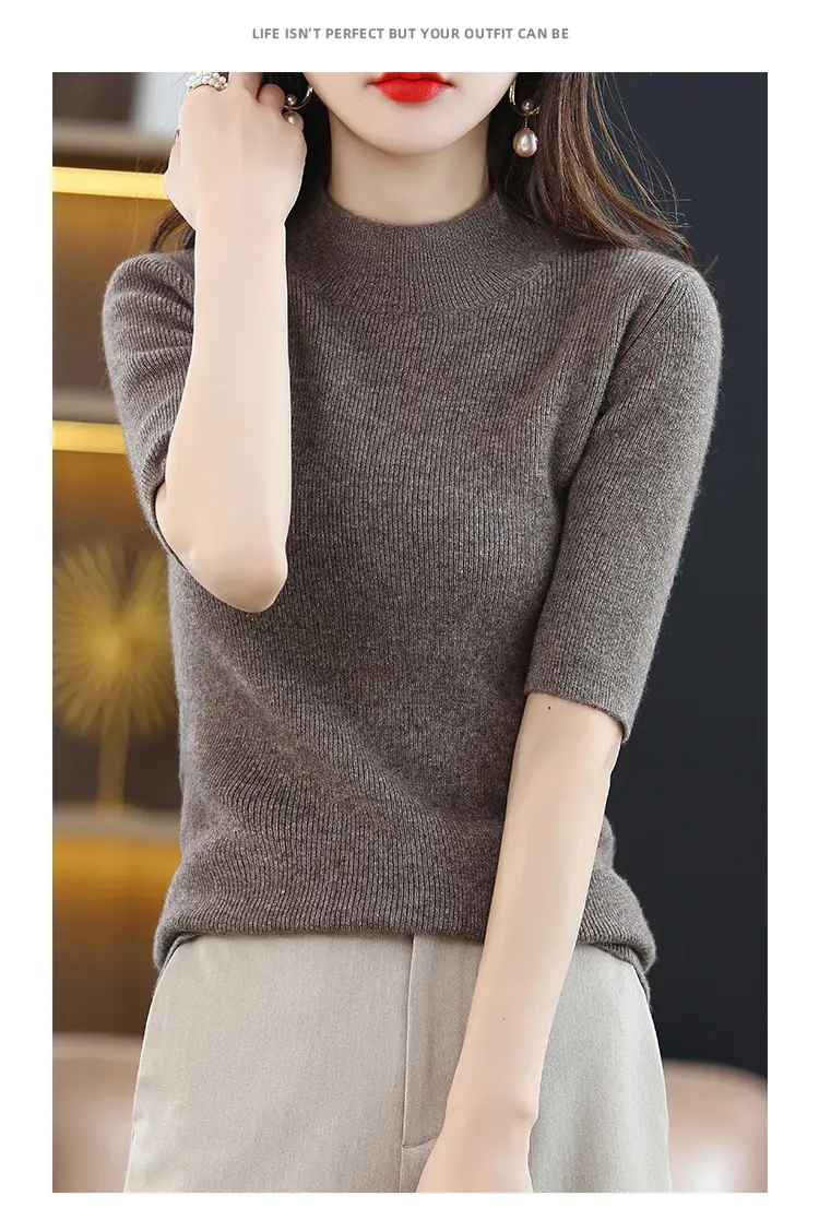Women's Grey Knitted Mid-Sleeve Pullover Slim Fit — feature 19