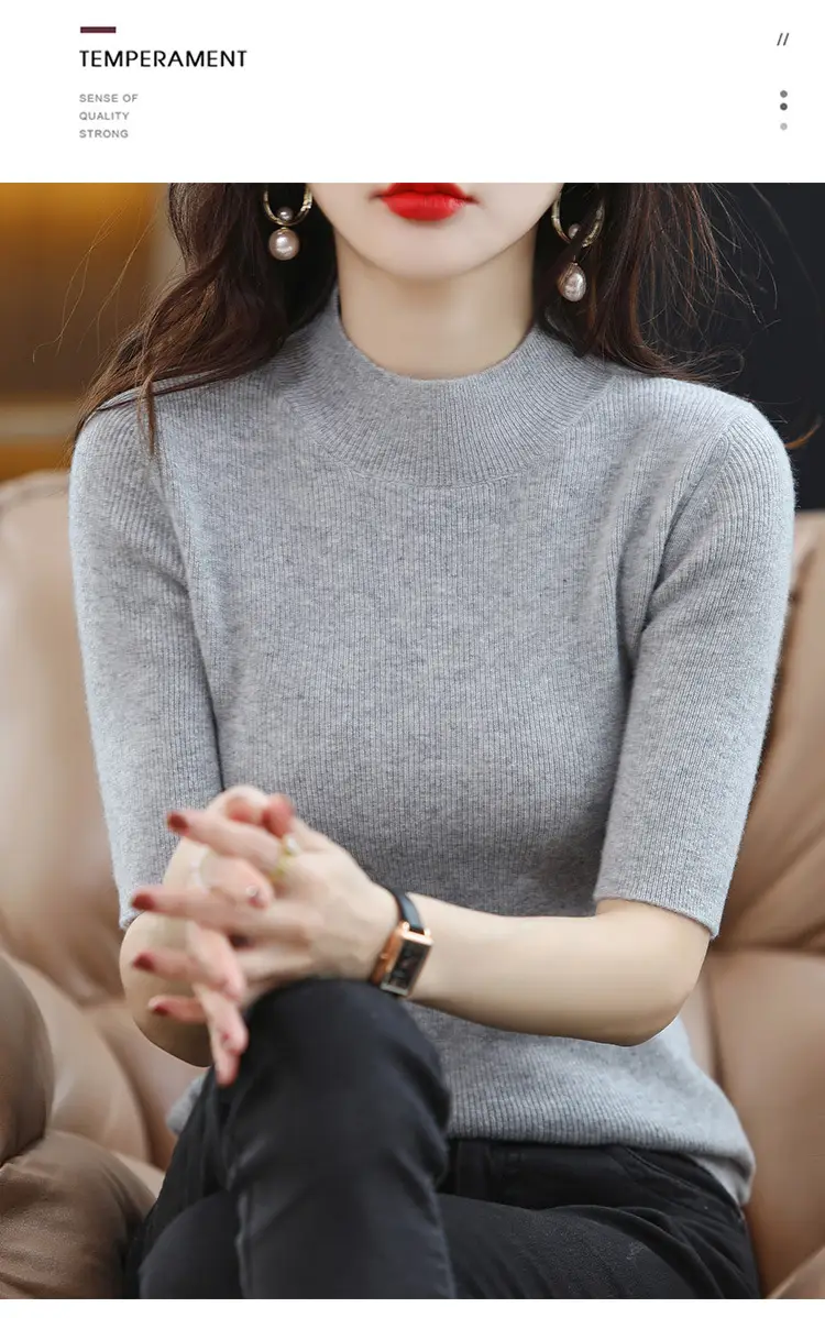 Women's Grey Knitted Mid-Sleeve Pullover Slim Fit — feature 27