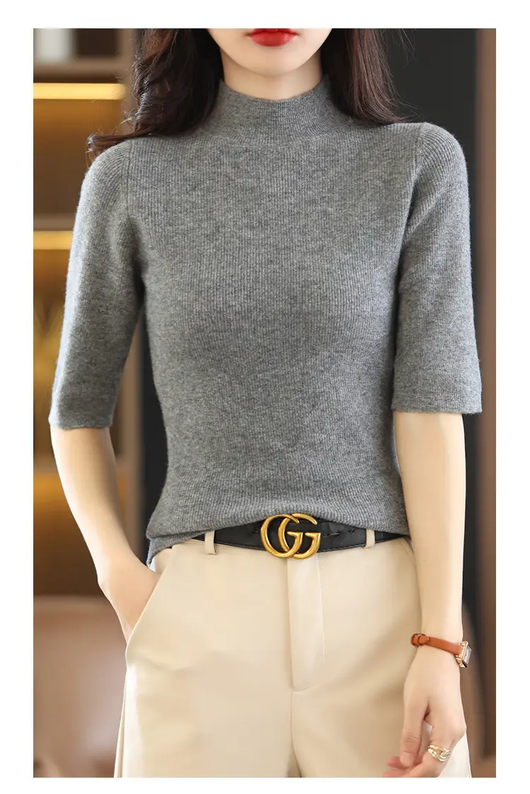 Women's Grey Knitted Mid-Sleeve Pullover Slim Fit — feature 28