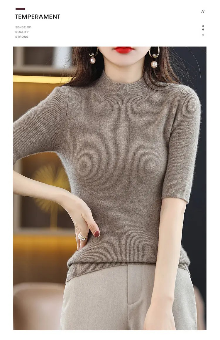Women's Grey Knitted Mid-Sleeve Pullover Slim Fit — feature 9
