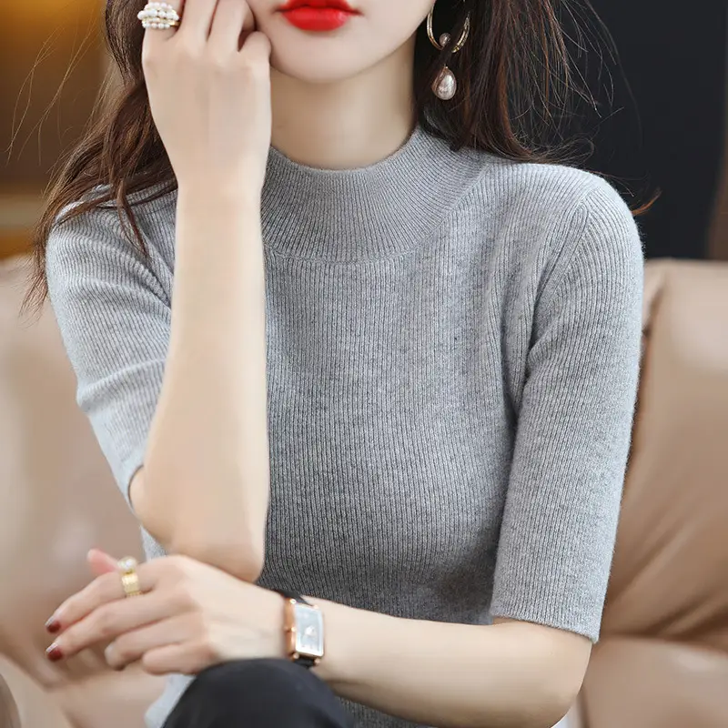 Women's Grey Knitted Mid-Sleeve Pullover Slim Fit