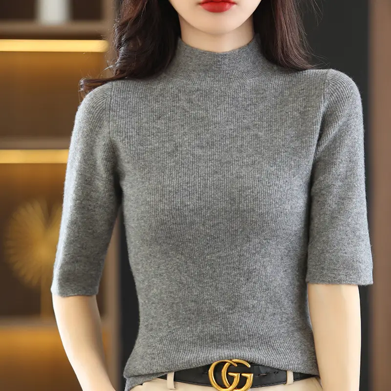 Women's Grey Knitted Mid-Sleeve Pullover Slim Fit