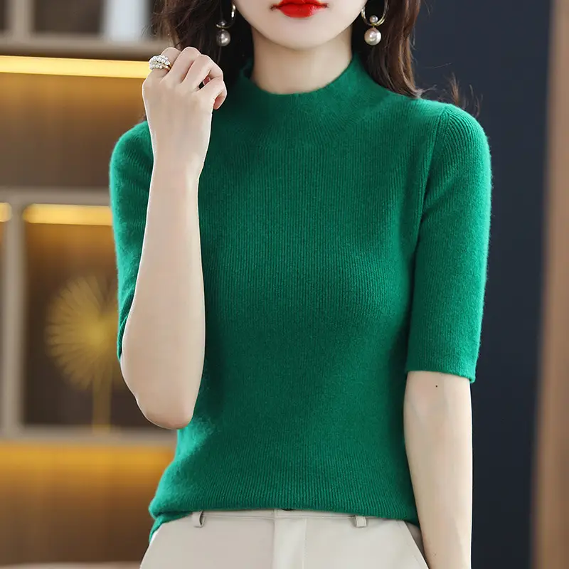 Women's Grey Knitted Mid-Sleeve Pullover Slim Fit