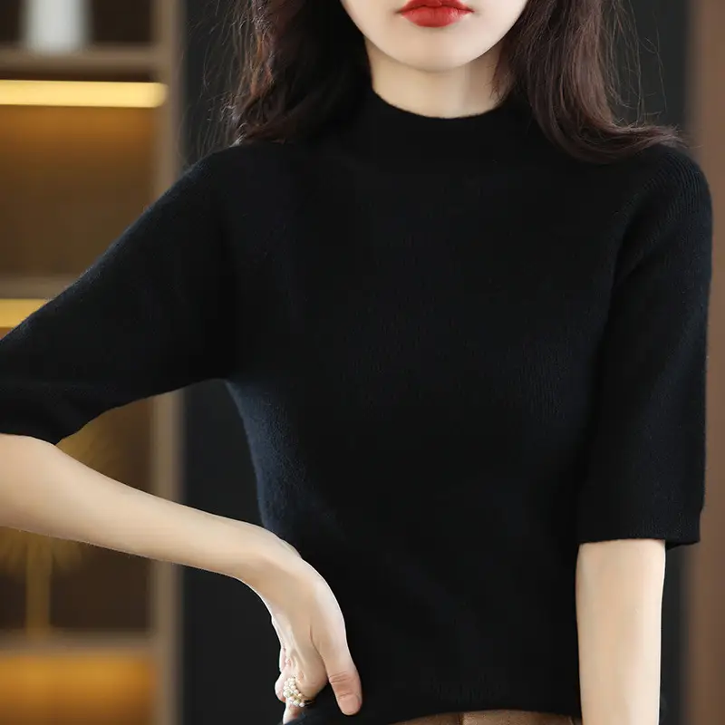 Women's Grey Knitted Mid-Sleeve Pullover Slim Fit