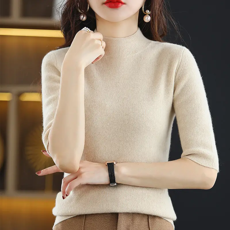 Women's Grey Knitted Mid-Sleeve Pullover Slim Fit