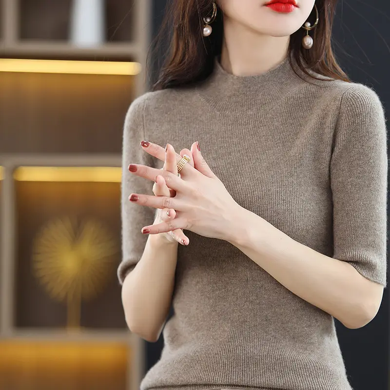 Women's Grey Knitted Mid-Sleeve Pullover Slim Fit