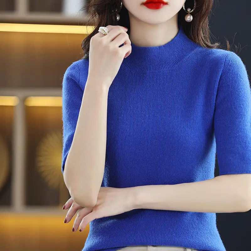 Women's Grey Knitted Mid-Sleeve Pullover Slim Fit