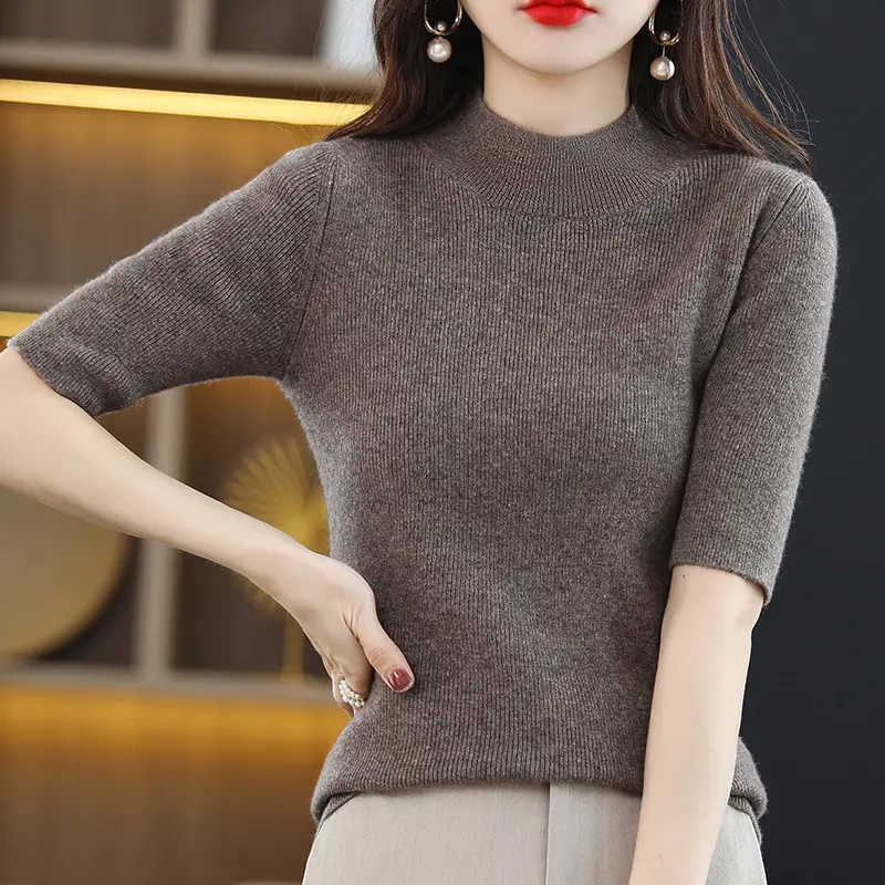 Women's Grey Knitted Mid-Sleeve Pullover Slim Fit