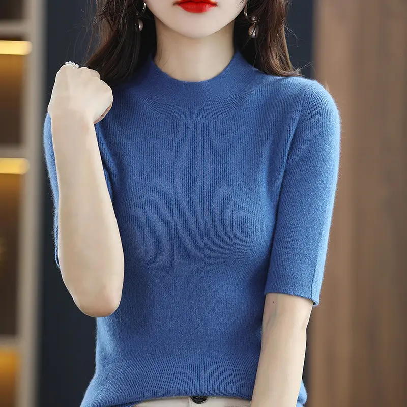 Women's Grey Knitted Mid-Sleeve Pullover Slim Fit