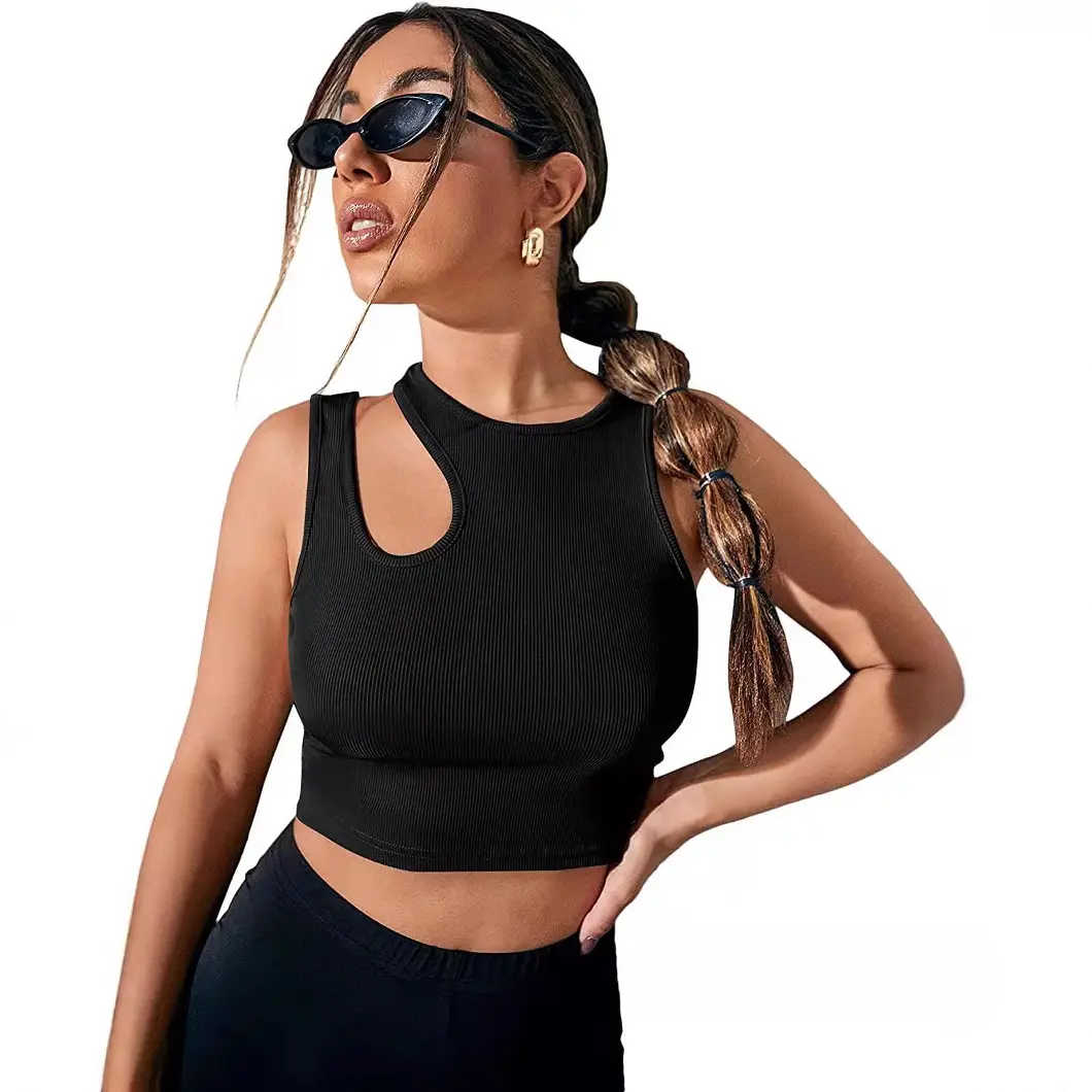 Women's Hollow Out Sleeveless Crop Top Black Ribbed - Image 5